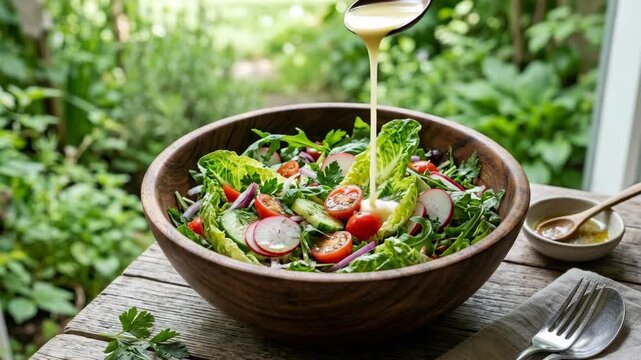Creamy dressing pouring over a fresh vegetable salad in a wooden bowl on a rustic table in a garden