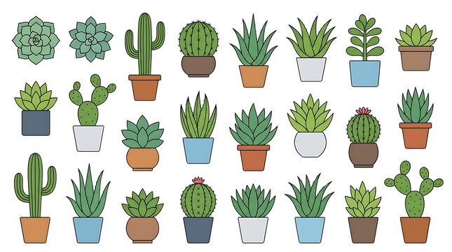 A collection of various potted succulents and cacti, displayed in a grid formation. cut out, isolated on tranparent background