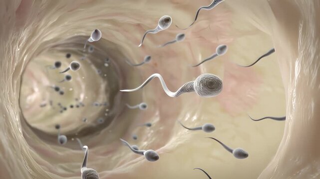 Microscopic view of sperm cells swimming inside the female reproductive tract. Concept of human fertilization, reproductive health, fertility, and medical science.