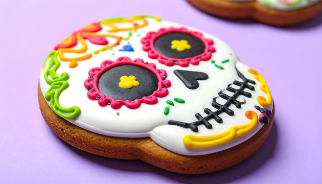 Decorated Sugar Cookie Shaped Like a Day of the Dead Skull.
