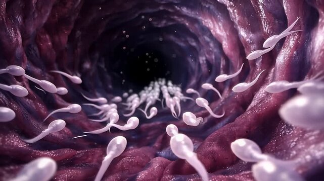Microscopic view of sperm cells swimming inside the female reproductive tract. Concept of human fertilization, reproductive health, fertility, and medical science.