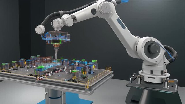 Robotic arm assembling circuit board in modern factory.