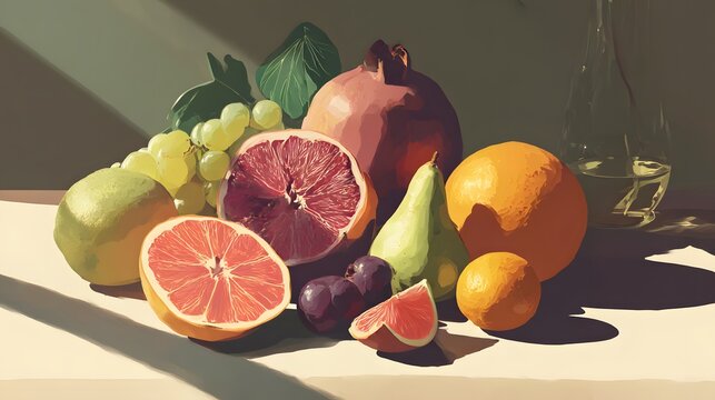 果物の静物画 グレープフルーツとぶどうの温かみあるアート背景