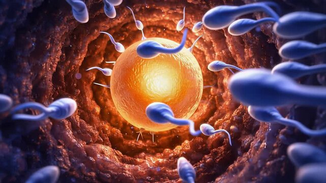Microscopic view of sperm cells swimming inside the female reproductive tract. Concept of human fertilization, reproductive health, fertility, and medical science.