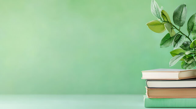 Stack of books with green plant on soft green background creates serene and inviting atmosphere for reading
