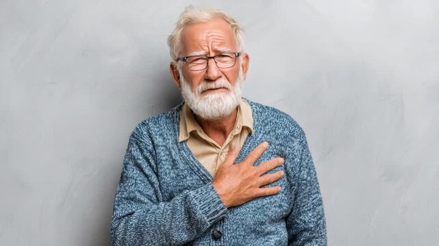 Overwhelmed Senior: An elderly man, his face etched with worry, clutches his chest, suggesting discomfort or pain. This image speaks to the realities of aging, health challenges, and emotional burden.