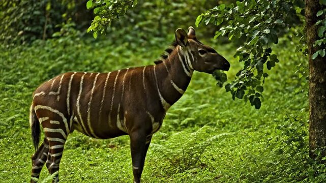 Okapi grazing on tree leaves in a lush green forest
