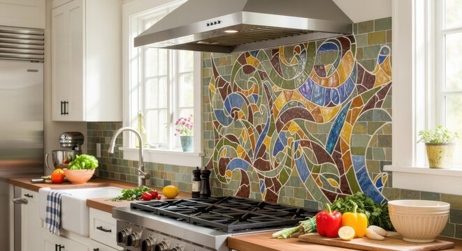 Intricate mosaic tile backsplash adorns a modern kitchen, adding artistic flair and vibrant color above a stainless steel range and hood.