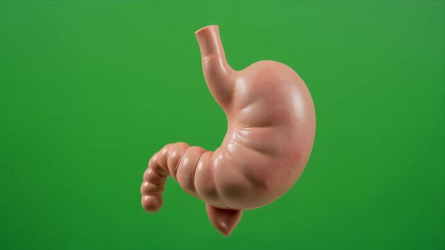 Rotating 3D human stomach anatomy model on green background.