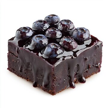 Oozing blueberry sauce on fudge, isolated on a white background, emphasizing the rich, gooey texture.