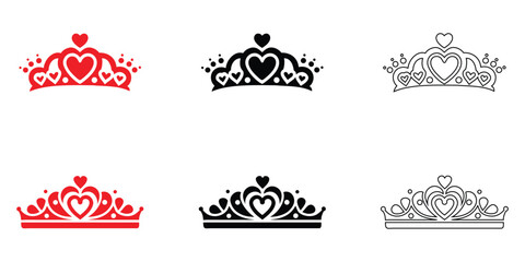 Tiara with heart shape icon vector set, royal tiara symbol  vector, silhouette and line art illustration © GraphicsHub