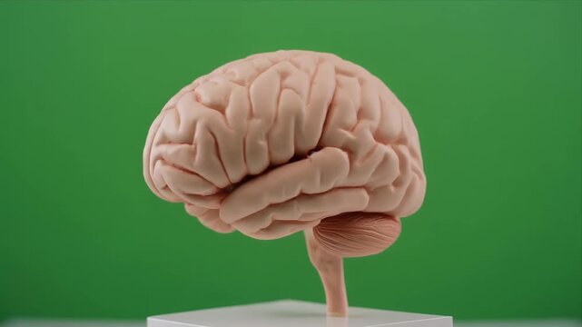 Rotating anatomical human brain model on green background.