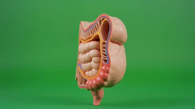Rotating anatomical colon model cross section on green background.