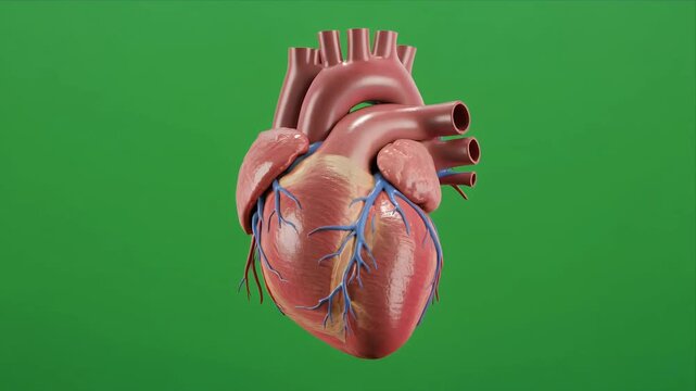 Rotating anatomical human heart 3D model on green background.