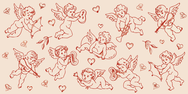 Vintage illustration of cherubic angels playing musical instruments and hearts