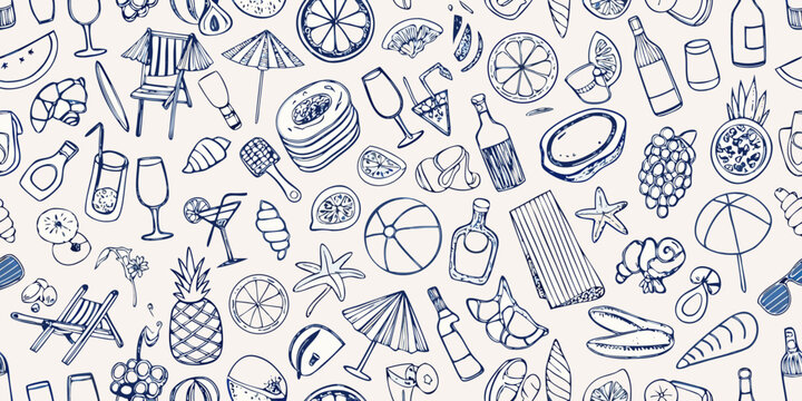 A summer themed seamless pattern featuring beach items and refreshments