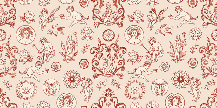 Vintage repeating pattern of cherubs portraits and floral elements
