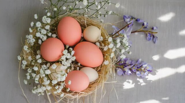 Festive easter banner with pastel colored eggs in a rustic nest decorated with flowers. Spring holiday flat lay background with copy space for seasonal greetings