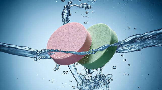 Colorful medicine tablets splashing in water with pharmaceutical healthcare and wellness concept
