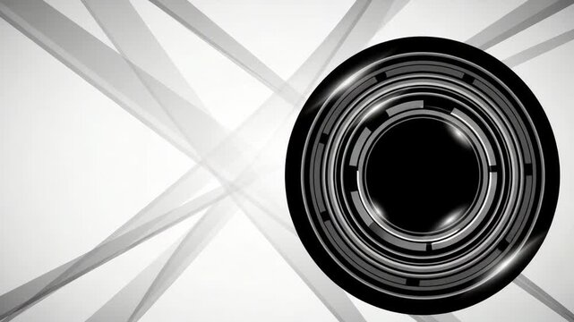 Abstract futuristic camera lens and geometric lines on minimalist gray background representing high tech surveillance