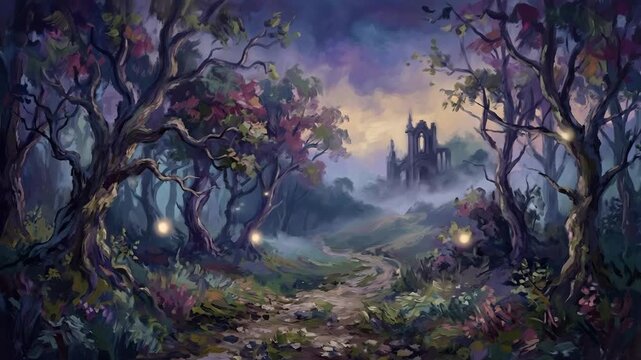 Misty enchanted woods path winding toward a distant ruined cathedral under a moody twilight sky in impressionist style