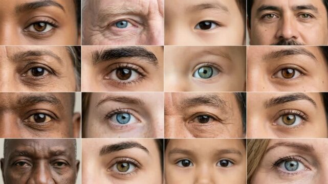 Macro collage of diverse multiethnic human eyes of different ages and backgrounds showing various iris colors and textures