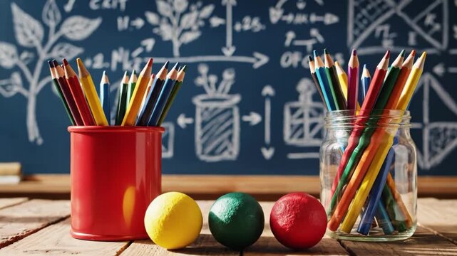 Colorful pencils and balls on a wooden desk in front of a chalkboard