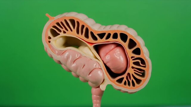 Rotating human kidney cross section anatomical model on green background.