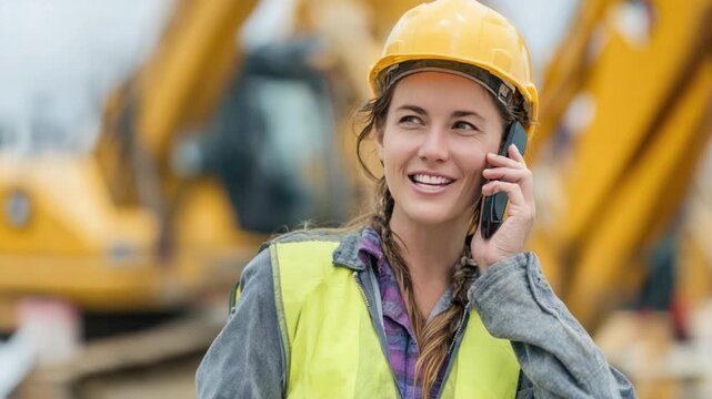 Construction Communication: A skilled female construction worker engaged in a crucial phone conversation, embodying determination and expertise on the jobsite.