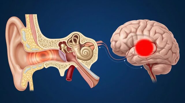 Medical illustration of human ear anatomy and brain showing auditory nerve and sound processing pathways