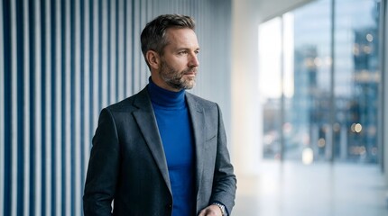 Fototapeta premium Confident businessman in modern office with glass windows