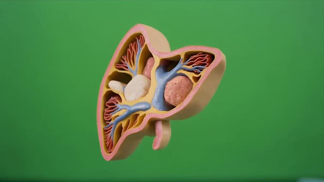 Rotating human liver cross section anatomy model on green background.