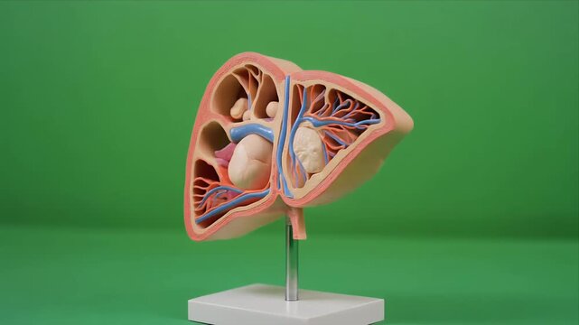 Rotating human liver anatomy model on green background.