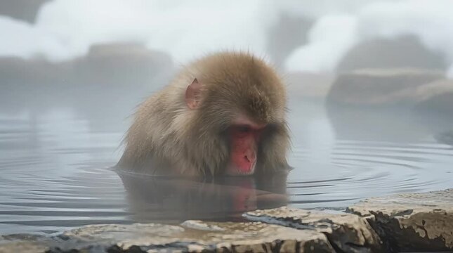 Japanese Macaque (Snow Monkey) Relaxing in Hot Spring Onsen Amid Misty Winter Landscape