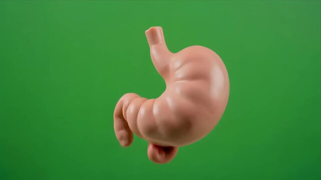 Rotating human stomach anatomy three dimensional model on green background.