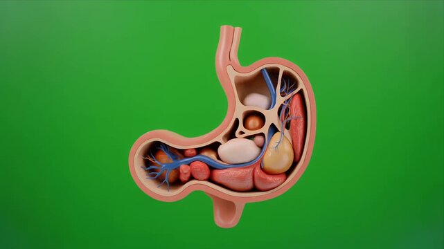 Rotating human stomach anatomy cutaway on green background.