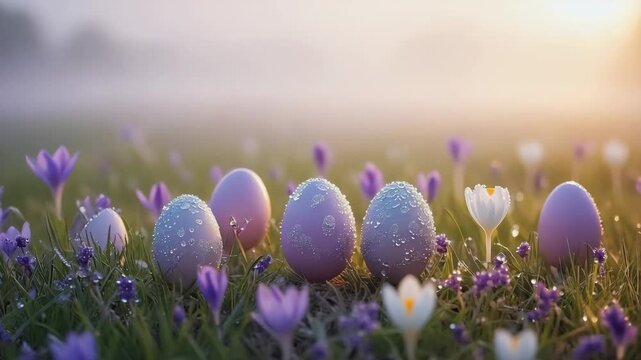 Pastel easter eggs with morning dew nestled in a field of spring crocuses. Magical sunrise lighting over a beautiful meadow for a festive holiday celebration