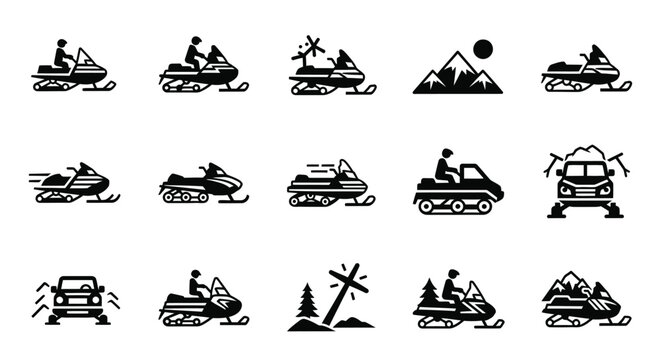 Winter snowmobile adventure icons featuring riders on snowy tracks and mountain landscapes for seasonal recreation graphics and arctic travel marketing materials used in outdoor sports brochures set