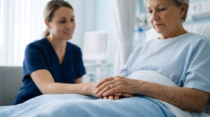 Obraz premium Nurse comforting elderly patient in hospital room with gentle care