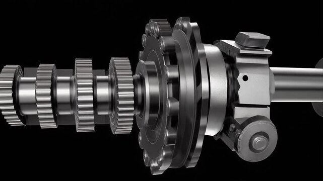 Rotating steel gearbox shaft with interlocking gears closeup.