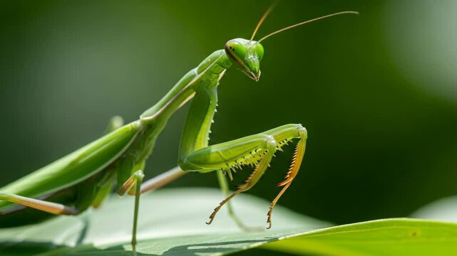 Close up view of a green praying mantis looking at the camera while sitting on a leaf in a sunny forest