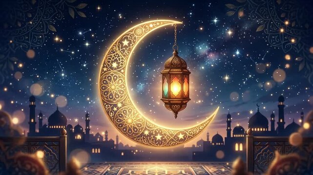Glowing golden crescent moon with lantern over mosque city silhouette under starry night sky for Ramadan festival