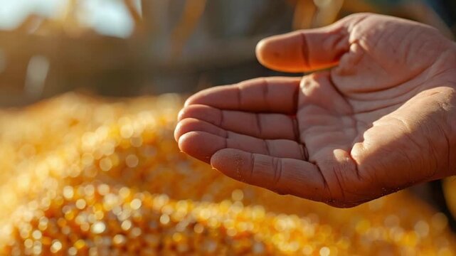 Farmer's hand holding golden corn kernels during harvest season