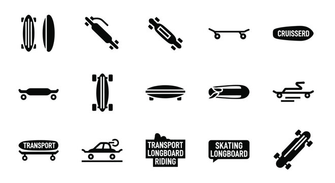 Longboard and skateboard icon set for urban transport and extreme sports featuring deck shapes wheels board logos and skating activity symbols for street lifestyle and recreation graphic design pack