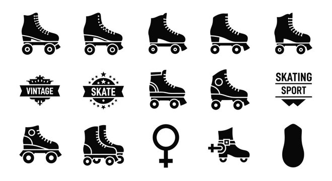Skate vector icons featuring various roller skates, including retro and modern designs, along with skating sport emblems and gender symbol for diverse applications