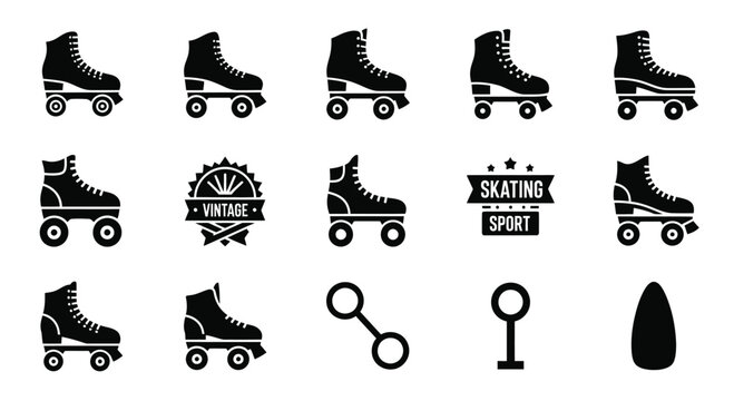Vintage roller skates icon set featuring retro quad boots with wheels and sports emblems in black solid style for skating enthusiasts and professional athletic design projects and branding needs
