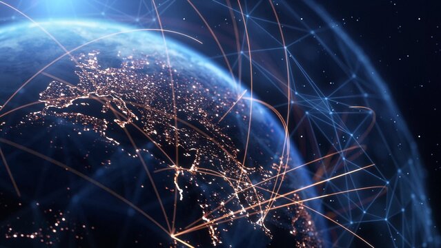 Global Connection Lines. Earth Network Data Transfer. Futuristic AI Technology, 5G, Globe Satellite Communication, Internet Connectivity, Big Data, Digital World Background Animation. Crypto Exchange
