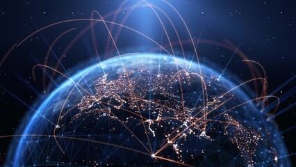 Plakat Global Connection Lines. Earth Network Data Transfer. Futuristic AI Technology, 5G, Globe Satellite Communication, Internet Connectivity, Big Data, Digital World Background Animation. Crypto Exchange