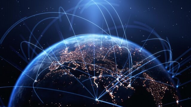 Global Connection Lines. Earth Network Data Transfer. Futuristic AI Technology, 5G, Globe Satellite Communication, Internet Connectivity, Big Data, Digital World Background Animation. Crypto Exchange