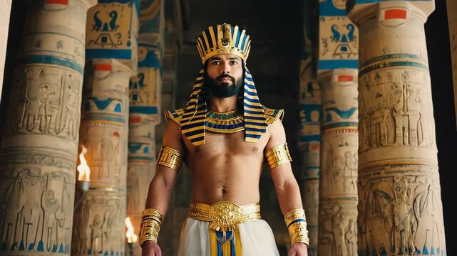 Powerful adult male pharaoh in traditional golden costume stands inside an ancient egyptian temple. Majestic ruler surrounded by columns with hieroglyphs and torchlight